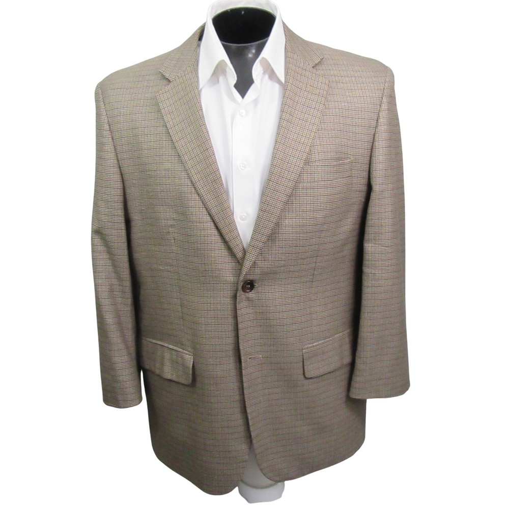 Joseph & Feiss Mens Sport Coat 44R Tan Houndstooth Check Silk Wool Blazer